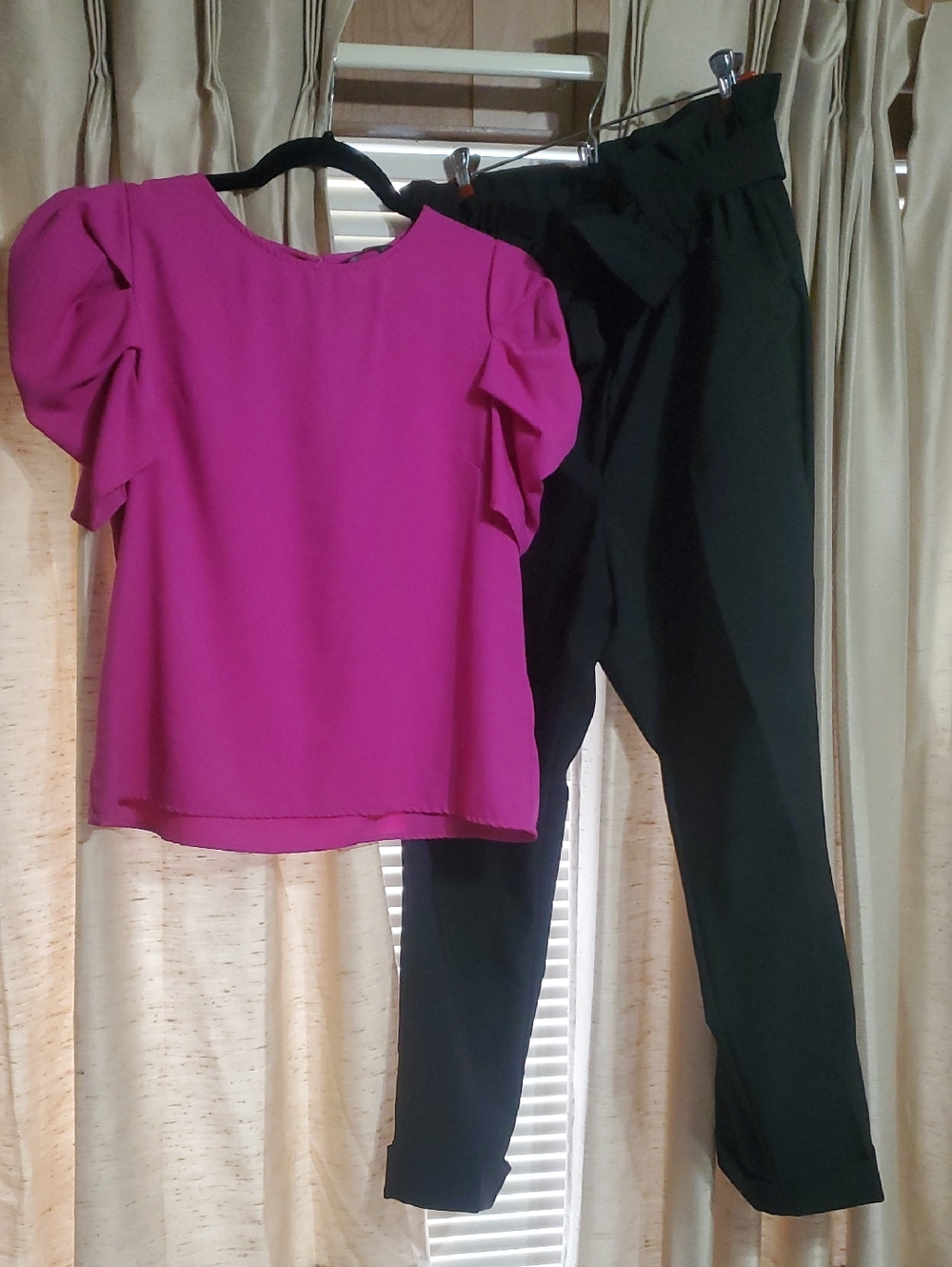 Bright Pink Puff Sleeve Top with Black Paperbag Trousers Set